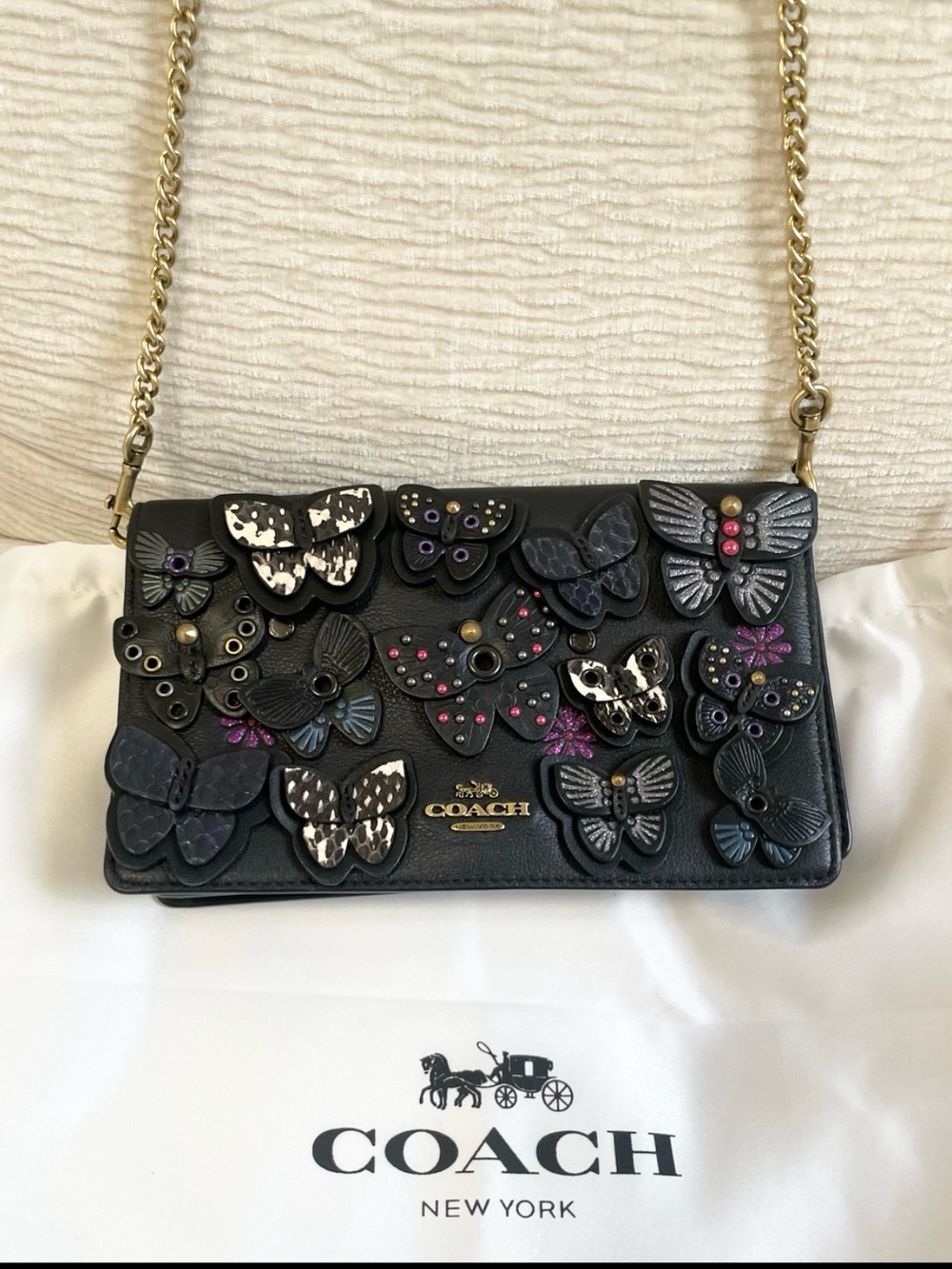 Coach 1941 Callie Foldover Chain Crossbody Bag Butterfly Applique Clutch Black